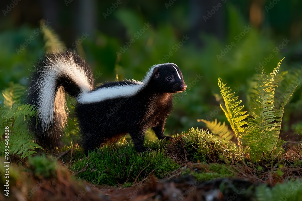 Fototapeta premium Young skunk exploring forest floor amid lush greenery and sunlit ferns