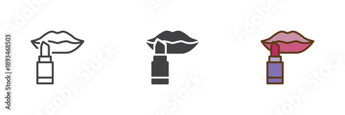 Lips and lipstick icon set in line, solid and filled outline colorful style. Lipstick icon vector sign and symbol for beauty makeup and cosmetic icons.