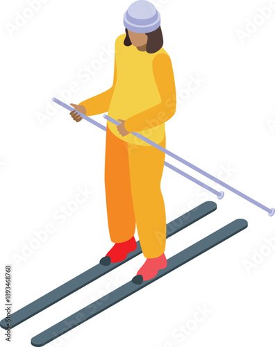 Professional skier wearing yellow suit and white hat is skiing down a slope