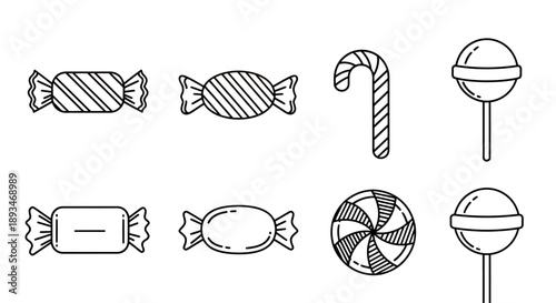 Black and white illustration of various candies, sweets, and lollipops.