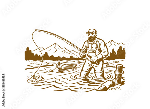 Fishing vintage illustration artwork. Fisherman with rod in river design. Outdoor recreation hobby graphic print. Adventure fishing club logo template