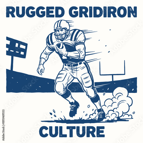 American football player running vintage graphic. Retro gridiron culture t shirt design. Sport artwork for apparel, stickers, posters. Distressed sket