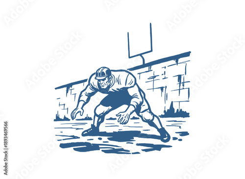 Football player vintage design for apparel. Retro sports graphic print illustration. American football game competition. Lineman stance artwork for po