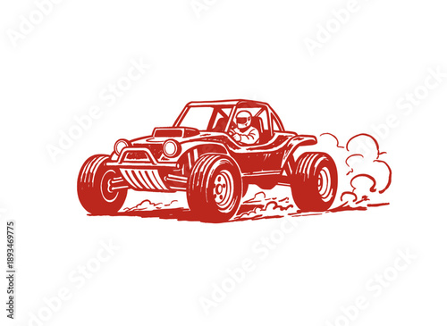 Dune buggy print design for t shirt print, poster, sticker and other uses. Off road racing artwork. Fast wheels challenge. Extreme racing design. Vint