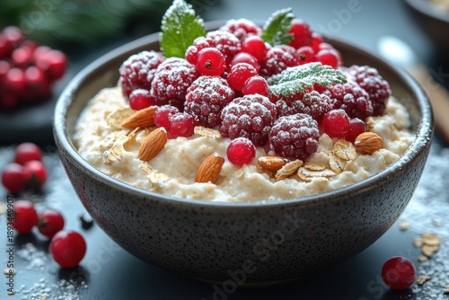 Oatmeal topped with crunchy granola and fresh cranberries in a white bowl.