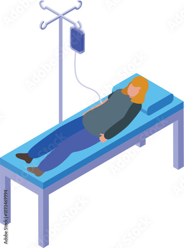Pregnant woman is lying in hospital bed with intravenous drip, receiving medical treatment