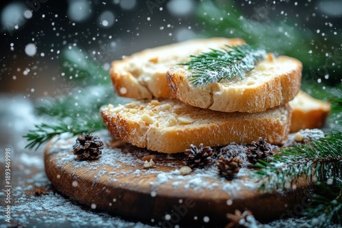 Bread with rosemary and salt on a wooden board.