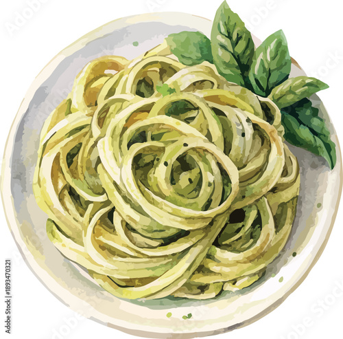 Italian Pasta with Pesto Sauce Watercolor Illustration