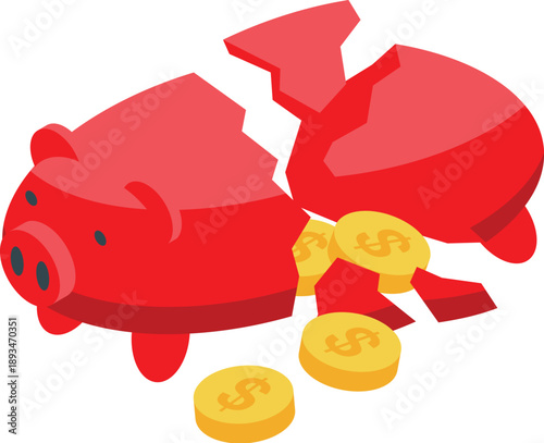 Red piggy bank breaking apart, releasing dollar coins, depicting financial hardship and economic downturn