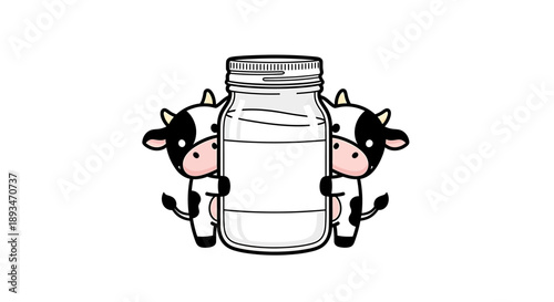 Two cute cartoon cows peeking from behind a clear glass jar filled with fresh white milk on a plain background, a charming dairy illustration.