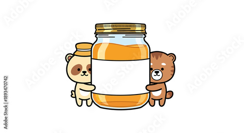 Two cute cartoon bears holding a large jar of golden honey with a blank label on a white background, perfect for branding.