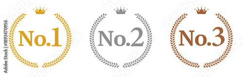 月桂樹と王冠のランキングアイコンセット｜No.1・No.2・No.3 表示の金銀銅アワードデザイン
