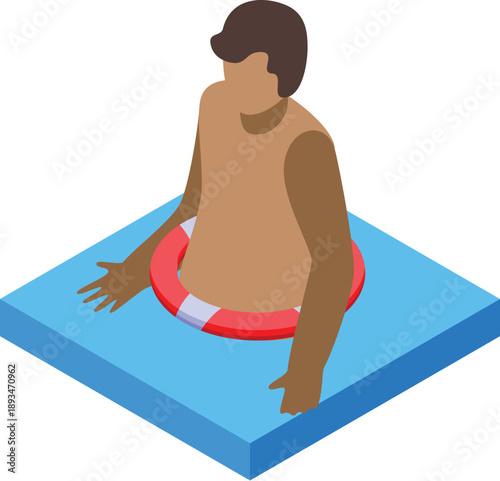 Lifeguard rescuing drowning swimmer using a lifebuoy in isometric view