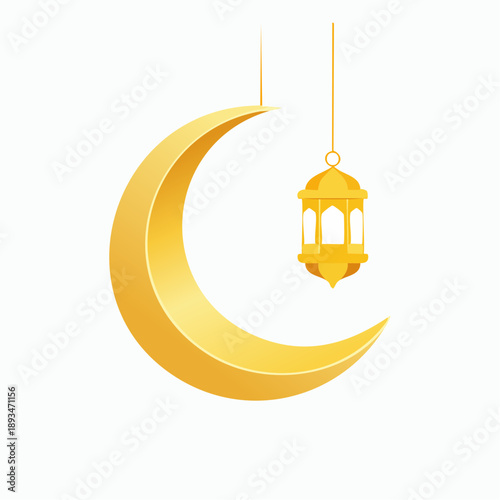 Minimal Ramadan Hanging Icon Vector, Crescent Moon With Lantern Hanging by String, Soft Gold Color