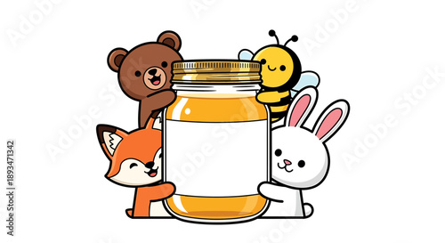 cartoon animals with honey jar honey bear rabbit bee.
