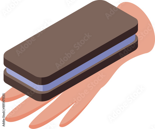 Hand is holding a chocolate ice cream sandwich with blueberry filling