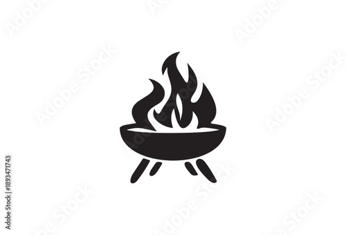 Simple black silhouette of a barbecue grill with flames