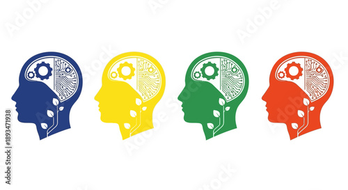 Four colorful human heads in profile showing gears and cogs, symbolizing thought process and innovation