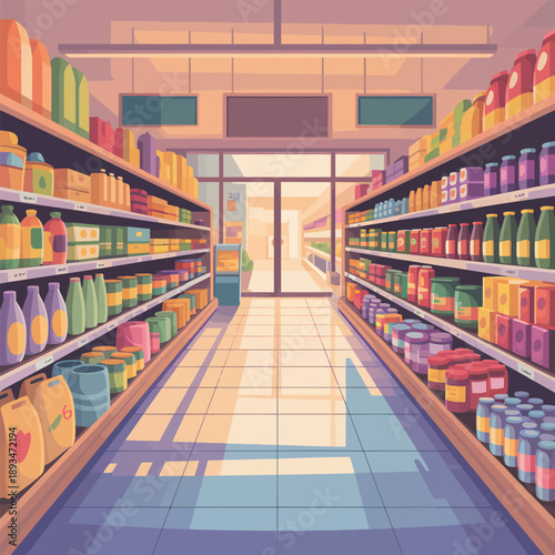 A vibrant empty supermarket aisle with shelves full of colorful products under soft lighting