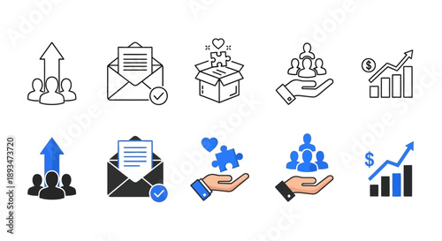 A collection of business icons representing growth, communication, and finance in a simple line art style on a clean white background, viewed from a straightforward perspective,