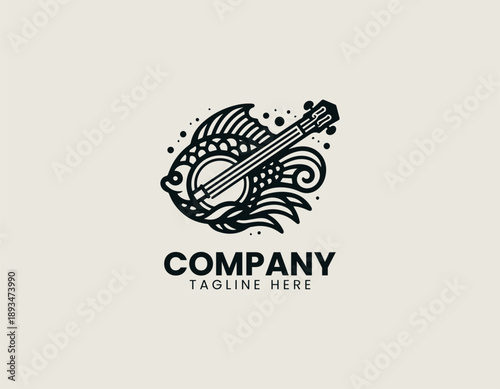 Fish banjo logo combines aquatic animal with music instrument in clean modern vector style
