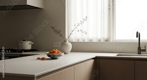 Modern luxury apartment interior featuring a clean kitchen design with a stylish living room fireplace and elegant wood furniture