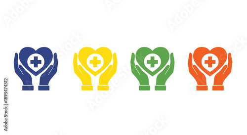 Four hands holding hearts with medical crosses in various colors, symbolizing care and support from different perspectives.