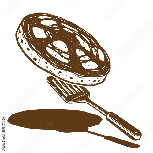 Vintage Grunge texture Brown pancake with spatula isolated on white background