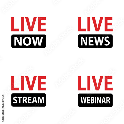 Live broadcast label icon set, live news stream webinar badges, online media and digital event buttons