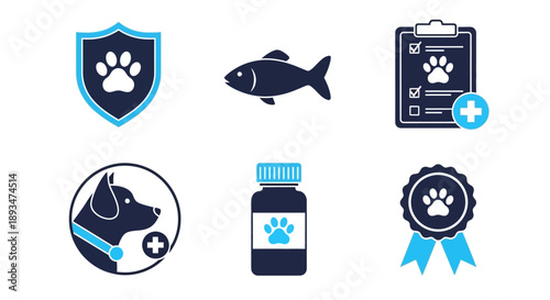 Veterinary care icons featuring animals and medical elements in a premium file format