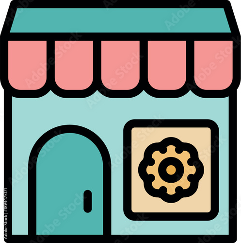 Cartoon pastry shop building showcasing engineering and technology with a gear symbol, blending culinary and technical concepts
