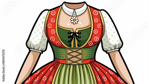 Very beautiful close-up of a traditional Bavarian women’s dirndl dress with embroidered bodice and fine fabric textures, isolated on white background, showcasing iconic Alpine cultural fashion.