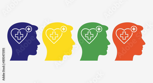 Human profiles with medical hearts in a row, symbolizing healthcare, wellness, and mental health support from a side view
