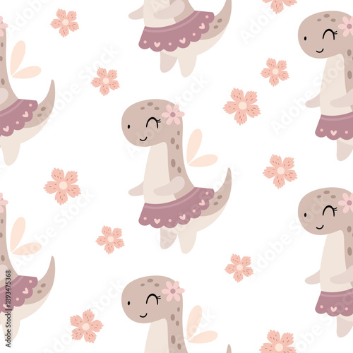 Cartoon dinosaur girl seamless repeat pattern. Cute dino fairy and flowers, Prehistoric animal background, Jurassic character vector illustration.