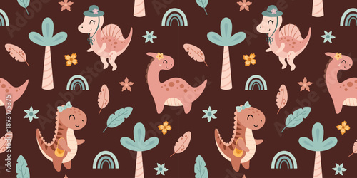 Coquette pink dinosaurs seamless pattern. Cute dino girl and tropical plants, Prehistoric animal background, Jurassic character repeat illustration.