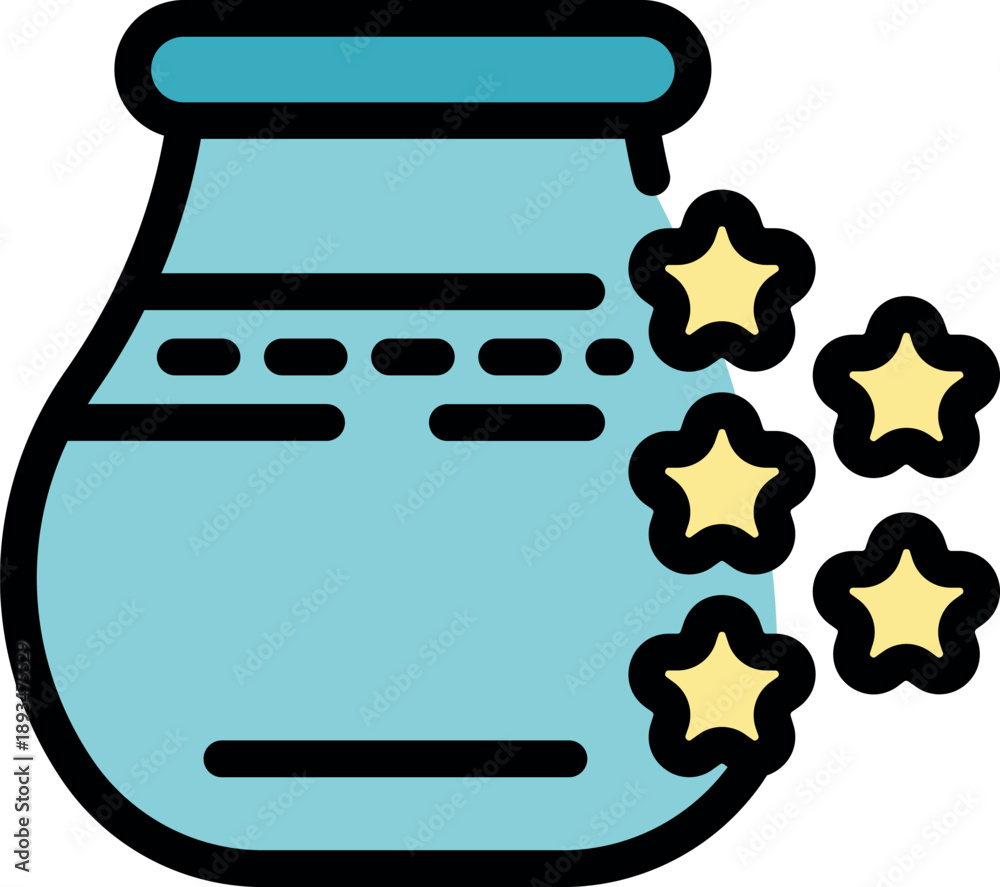 Fototapeta premium Whimsical illustration of a magic potion jar emanating bright yellow stars, suggesting enchantment and wonder