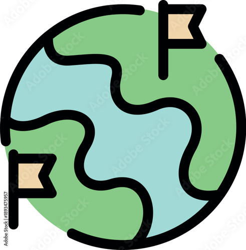 Flags are marking locations on a stylized earth, symbolizing global business and international connections