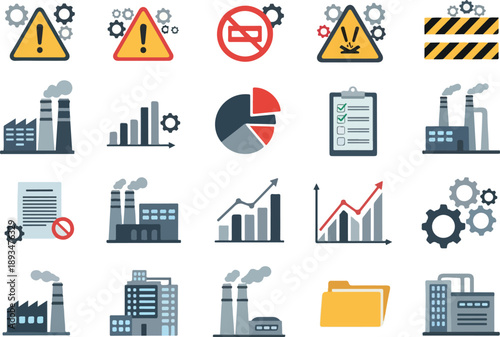 Industrial production and analytics icons representing industry, manufacturing processes, data charts, and safety compliance