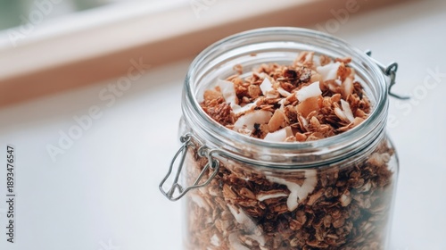 Coconut Granola Mix in a Glass Jar. Generative AI