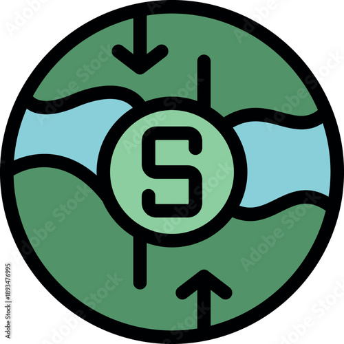 Circular economy showing money circulation and economic stability, with up and down arrows indicating growth and recession