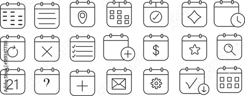 Calendar line icon set. Event planning service. Popular schedule management icons on transparent. appointment, event, time, planning, day, agenda, clock and more. Minimalist event schedule design.
