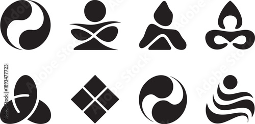 Set of abstract yoga and meditation symbols on transparent background