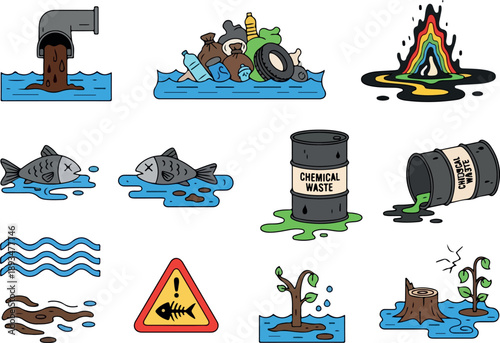 Collection of illustrations depicting environmental pollution, waste, and environmental damage, including oil spills, plastic waste, and dead fish