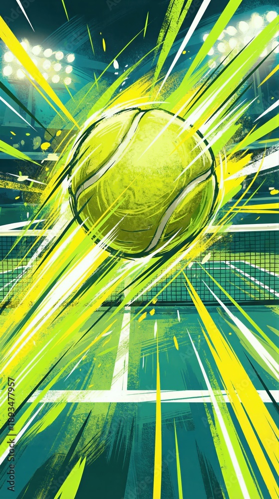 Fototapeta premium Tennis ball in motion on court. Intense sport game concept with vibrant colors. Dynamic competition for poster.