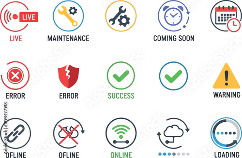 Collection of Service Status Icons Live, Maintenance, Online, Offline, Error, Success, and Warning