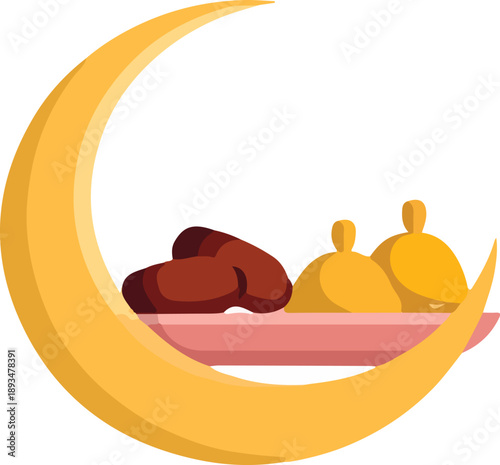 Ramadan Iftar Icon - Crescent Plate. Golden crescent moon cradling traditional holiday sweets and dried fruit symbolizing spiritual celebration moments