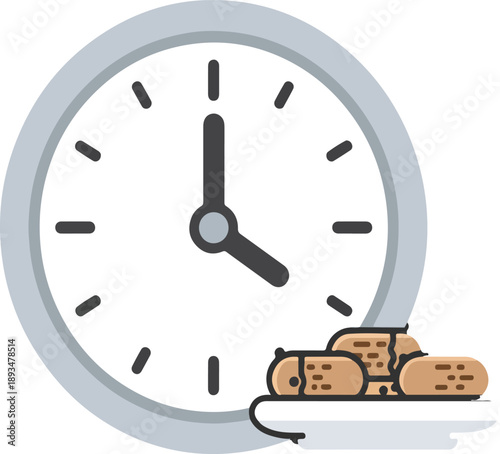 ramadan Suhoor Icon - Clock & Dates. Simple clock icon overlaid with a small plate of pastry treats indicating snack time or break moments 