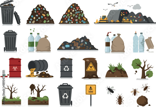 Environmental pollution and waste management issues, including landfills, garbage, and hazardous materials, alongside industrial and urban debris affecting nature and living beings