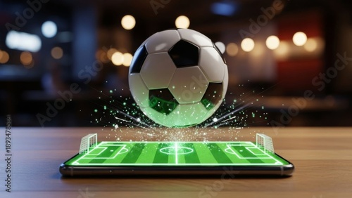 Soccer Ball on Phone Mockup: 3D Render with Hologram Effect for Sports Betting, Fantasy League & Mobile Gaming Niche. Product Template with Copy Space.
