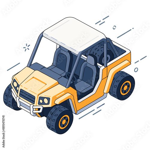 Isometric illustration of yellow off-road buggy on white background. No editable stroke